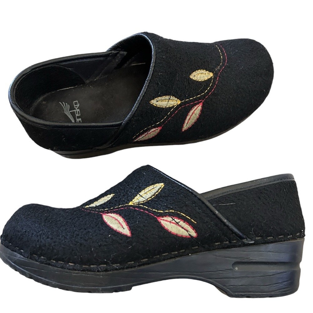 Dansko Black Felted Wool Clogs Shoes Sz 37 / US 6 6.5 Leaf Slip On Cottagecore